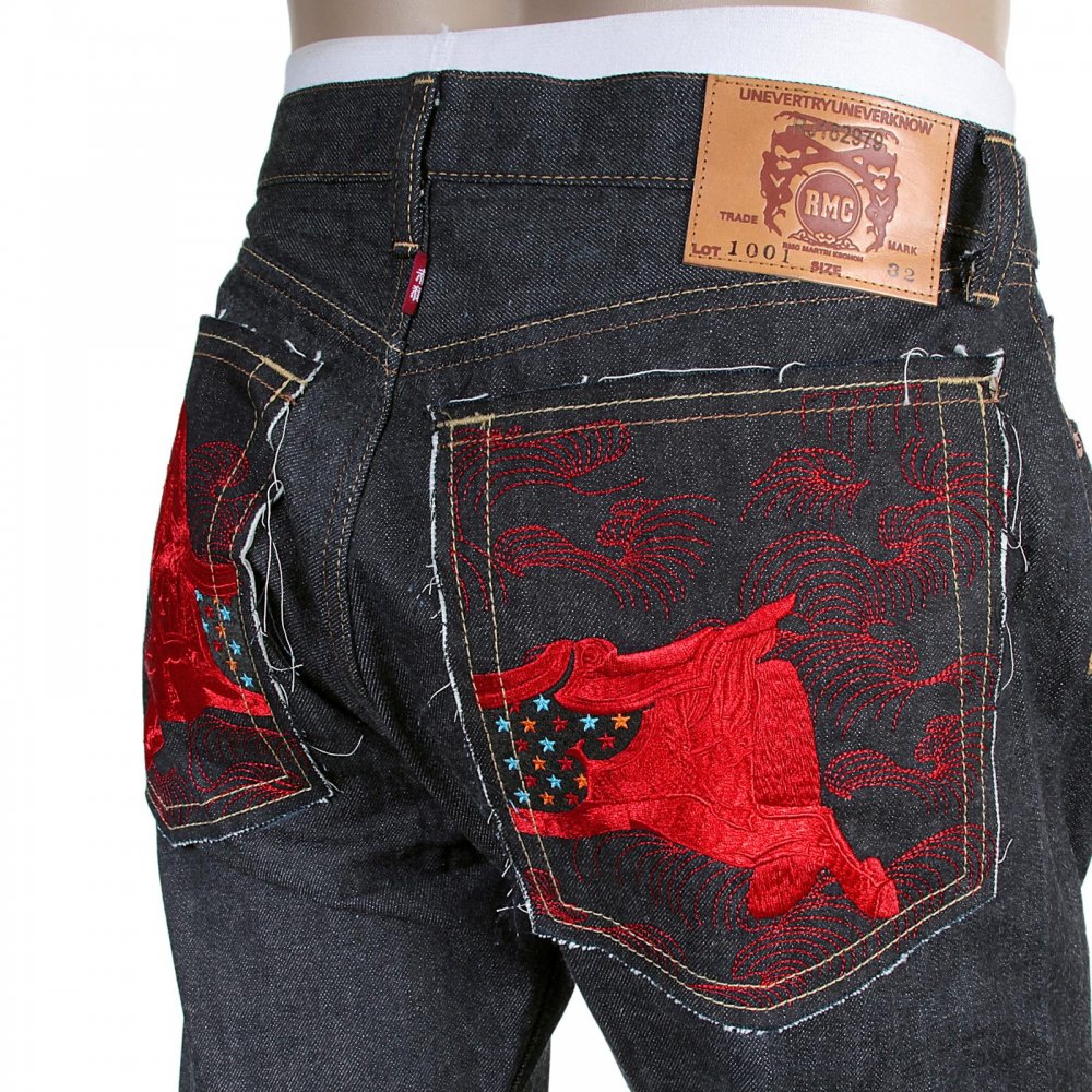 Japanese Indigo Selvedge Raw Denim Jeans for Men with Red Embroidered Lucky Horse