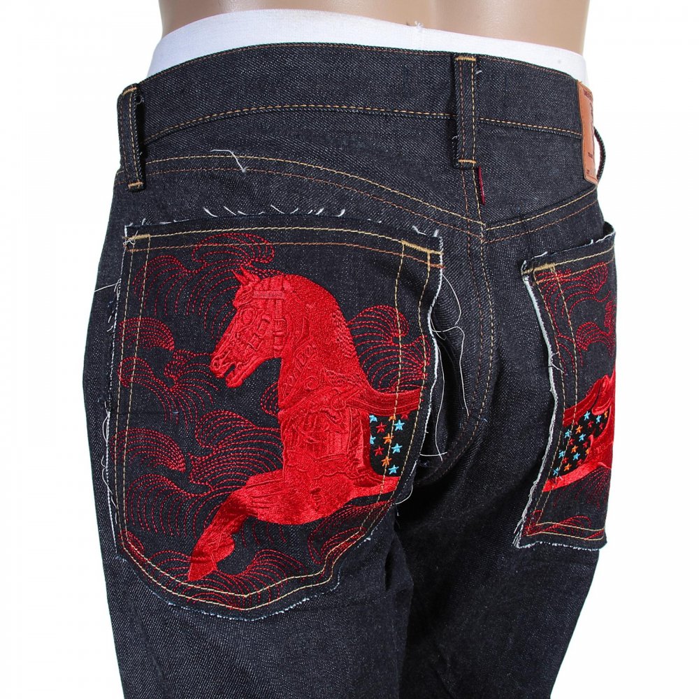 Japanese Indigo Selvedge Raw Denim Jeans for Men with Red Embroidered Lucky Horse