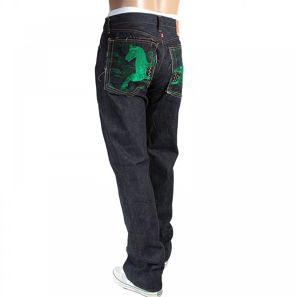 1001 Model Japanese Indigo Selvedge Raw Denim Jeans for Men with Green Embroidered Lucky Horse