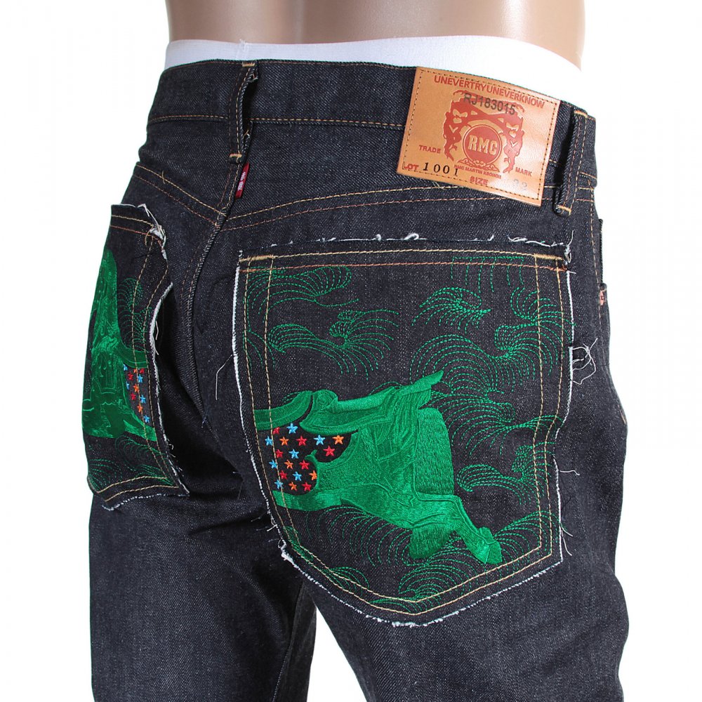 1001 Model Japanese Indigo Selvedge Raw Denim Jeans for Men with Green Embroidered Lucky Horse