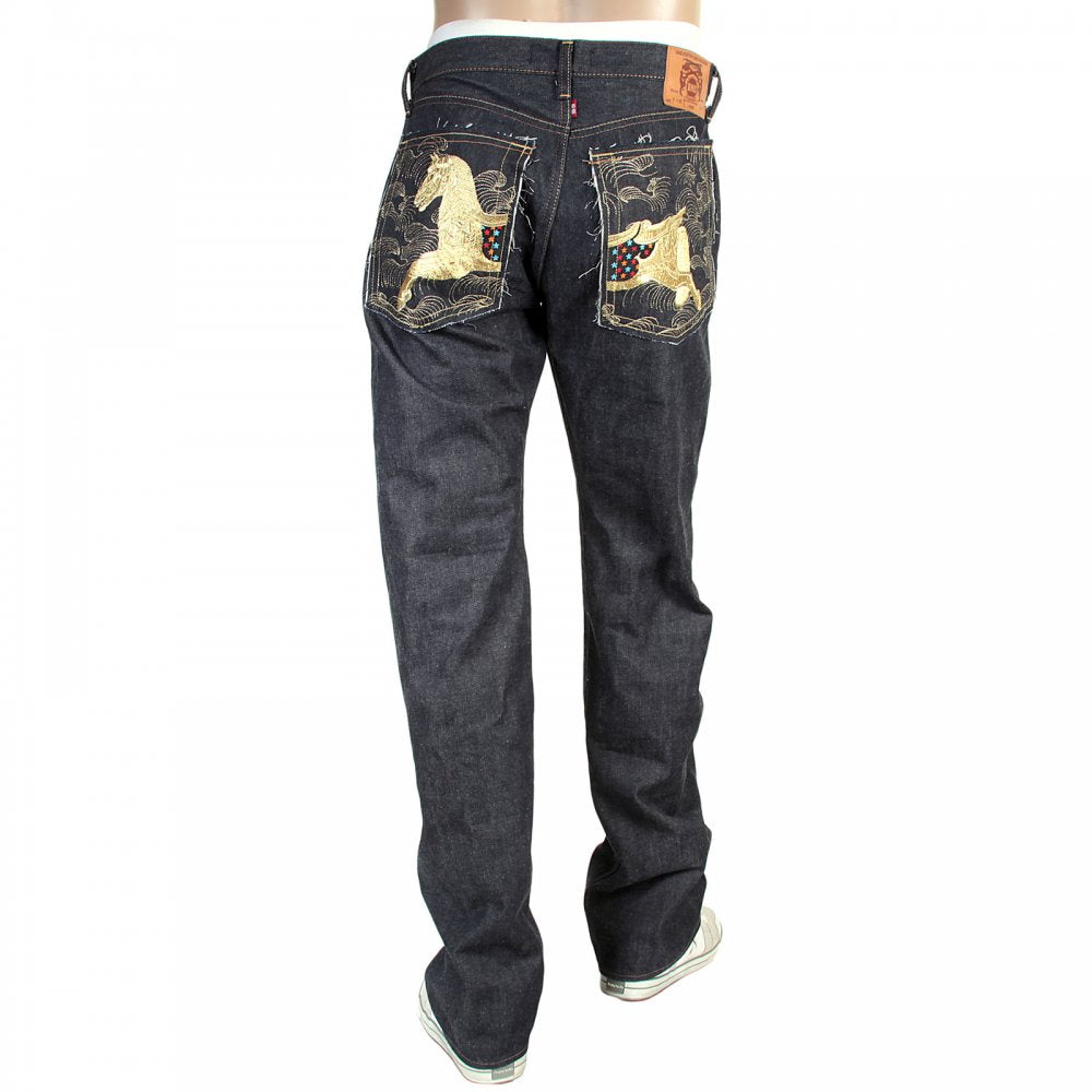 Mens Japanese Indigo Selvedge Raw Denim Jeans with Gold Thread Embroidered Lucky Horse