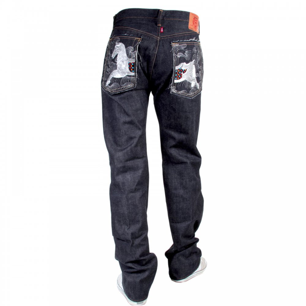 Japanese Indigo Selvedge Raw Denim Jeans for Men with Embroidered Lucky Horse