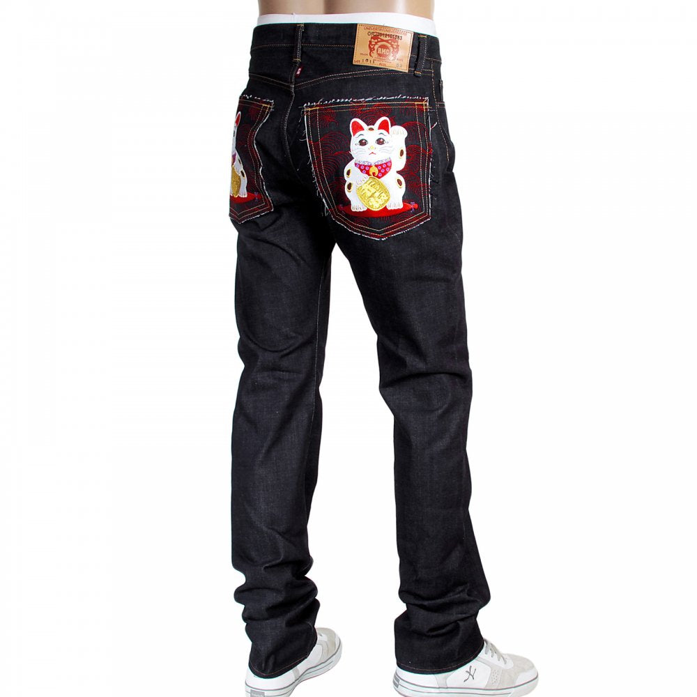 Mens Slim Cut Japanese Indigo Selvedge Raw Denim Jeans with Lucky Cat Embroidery