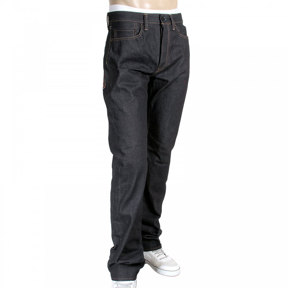 Mens Slim Cut Japanese Indigo Selvedge Raw Denim Jeans with Lucky Cat Embroidery