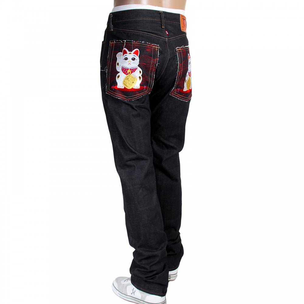 Mens Slim Cut Japanese Indigo Selvedge Raw Denim Jeans with Lucky Cat Embroidery