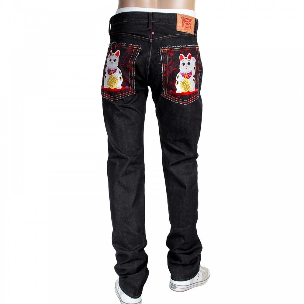 Mens Slim Cut Japanese Indigo Selvedge Raw Denim Jeans with Lucky Cat Embroidery