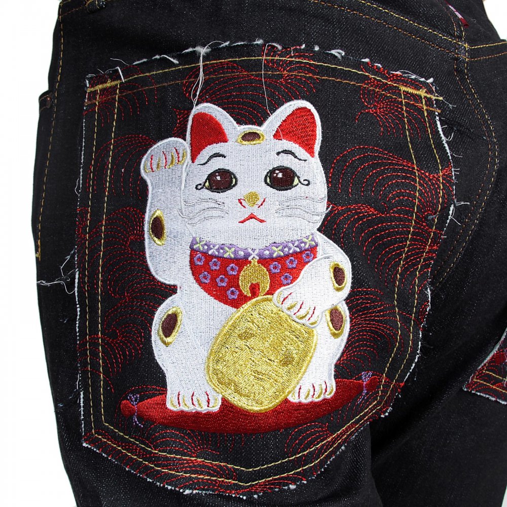 Mens Slim Cut Japanese Indigo Selvedge Raw Denim Jeans with Lucky Cat Embroidery