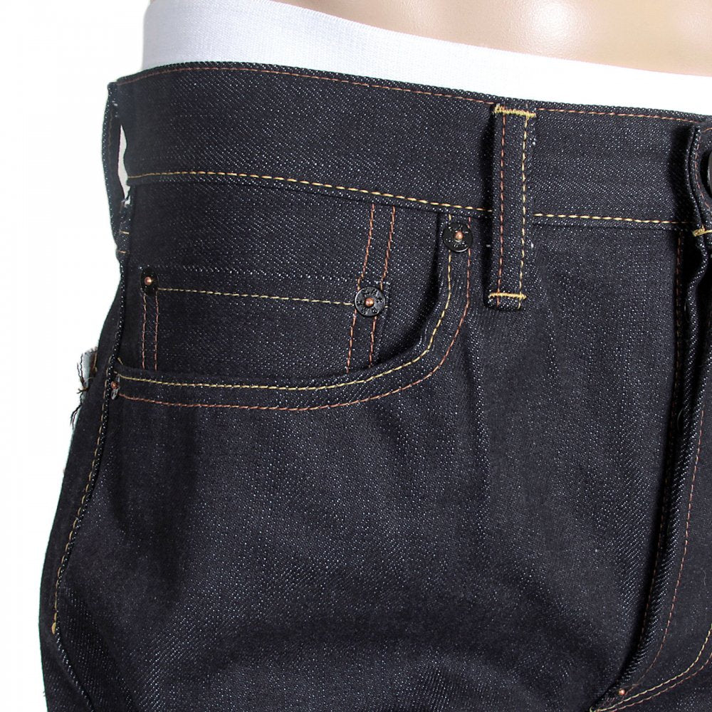 Mens Slim Cut Japanese Indigo Selvedge Raw Denim Jeans with Lucky Cat Embroidery