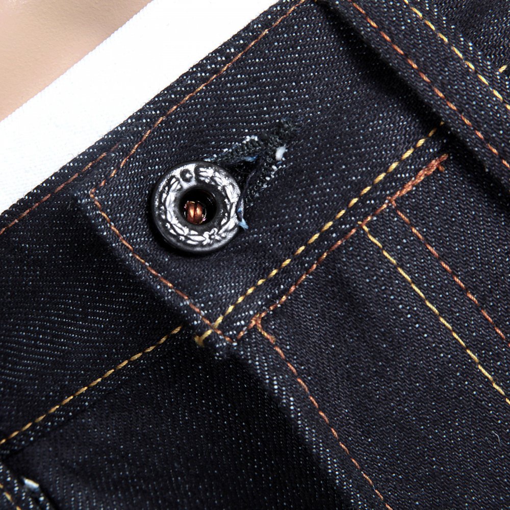 Mens Slim Cut Japanese Indigo Selvedge Raw Denim Jeans with Lucky Cat Embroidery