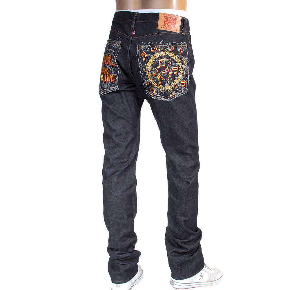 Mens Slimmer Cut Japanese Indigo Raw Selvedge Denim Jeans with No Music No Life Embroidery
