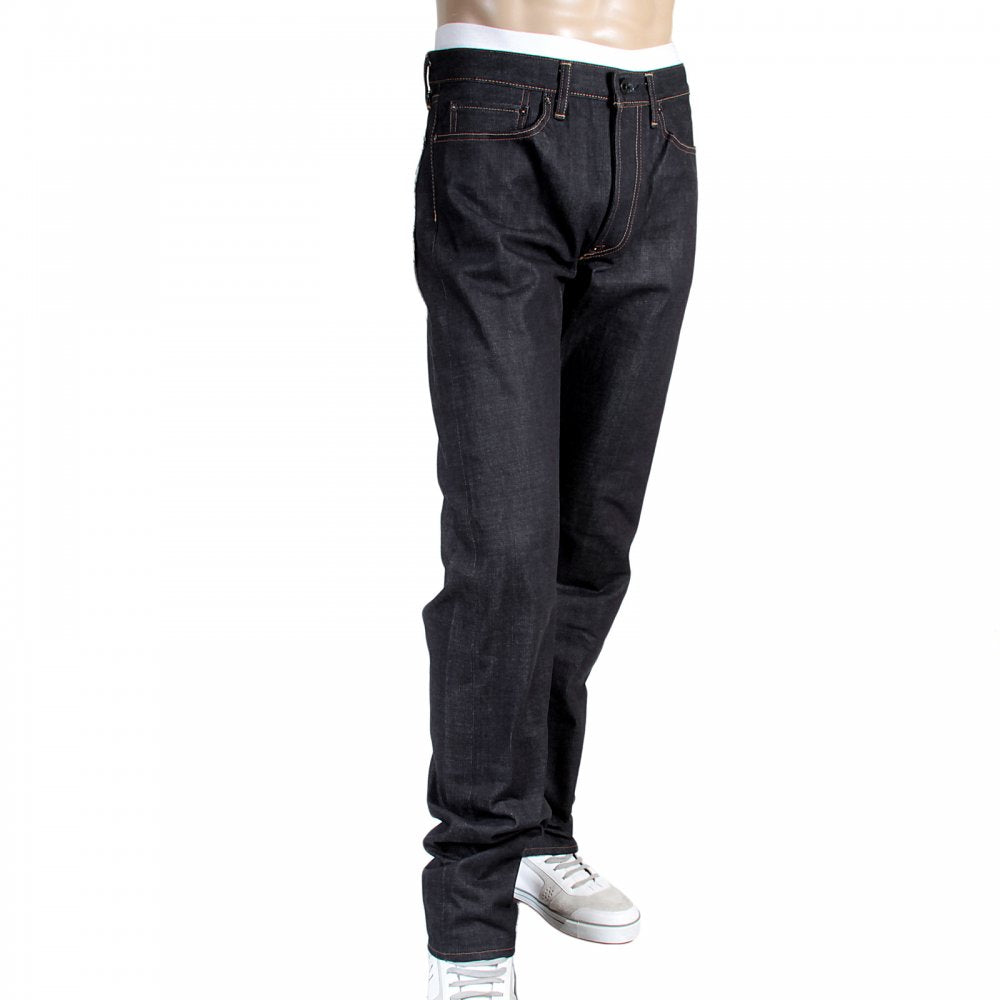Mens Slimmer Cut Japanese Indigo Raw Selvedge Denim Jeans with No Music No Life Embroidery