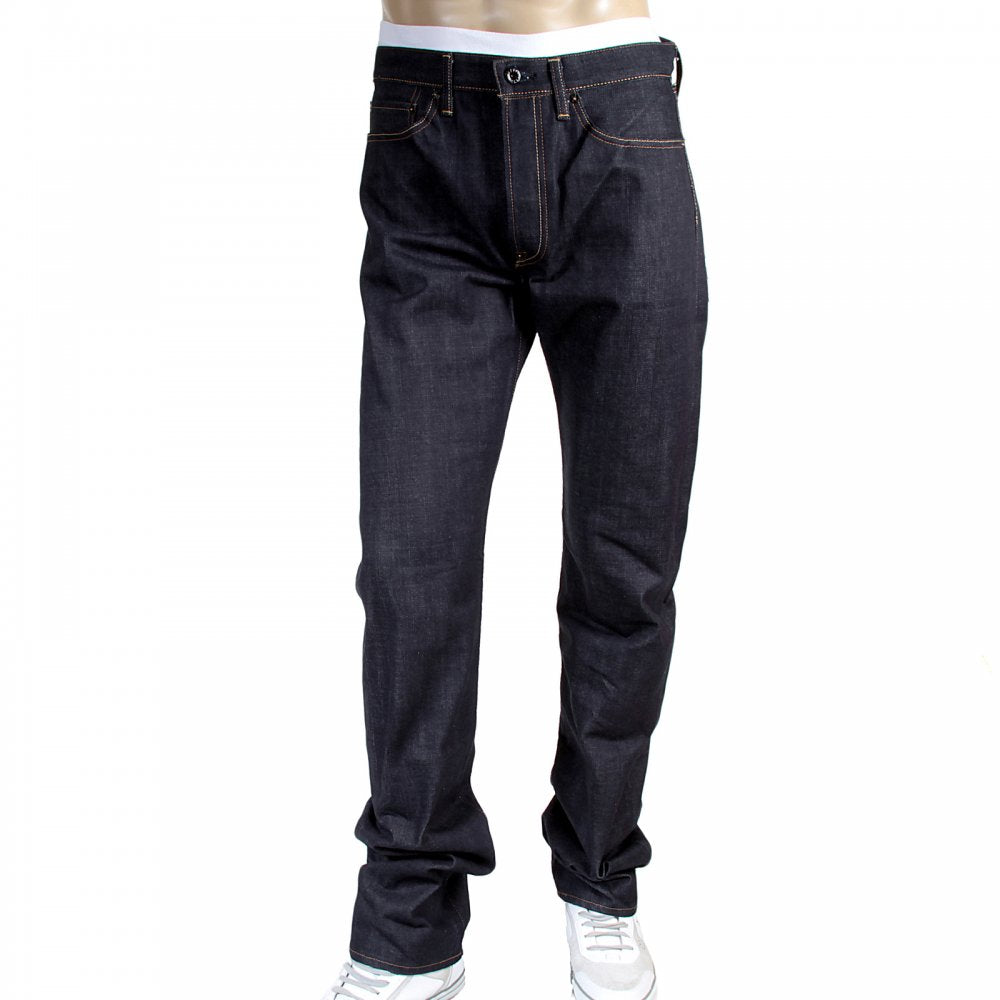 Mens Slimmer Cut Japanese Indigo Raw Selvedge Denim Jeans with No Music No Life Embroidery