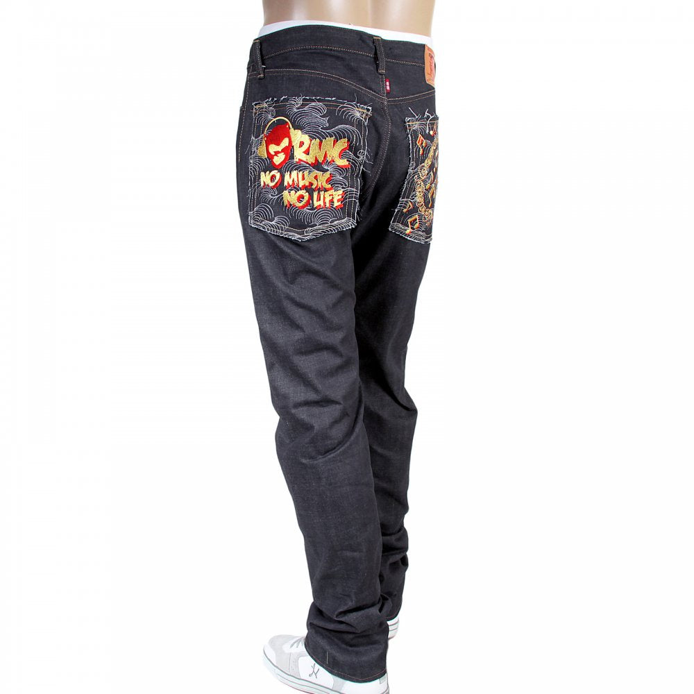 Mens Slimmer Cut Japanese Indigo Raw Selvedge Denim Jeans with No Music No Life Embroidery