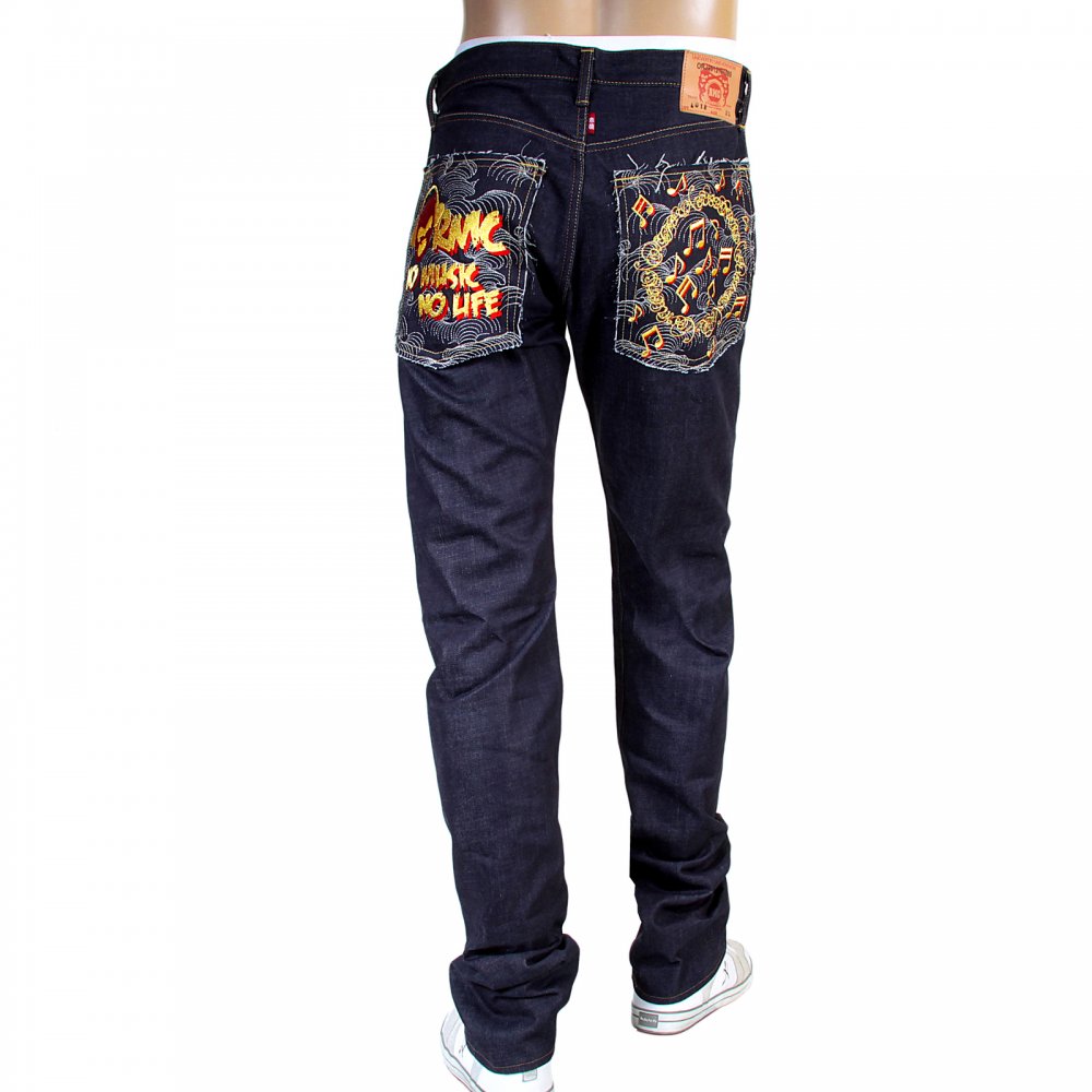 Mens Slimmer Cut Japanese Indigo Raw Selvedge Denim Jeans with No Music No Life Embroidery
