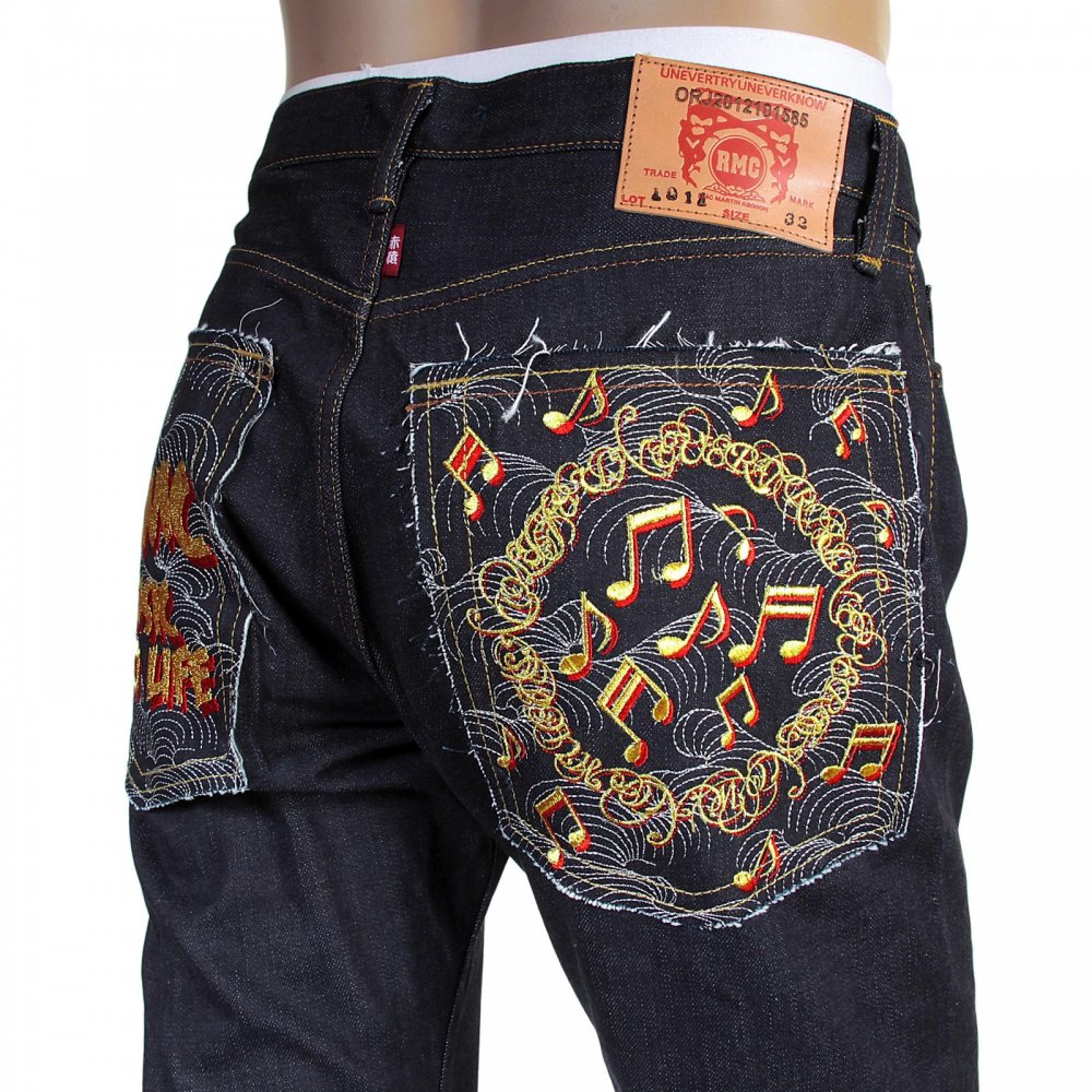 Mens Slimmer Cut Japanese Indigo Raw Selvedge Denim Jeans with No Music No Life Embroidery