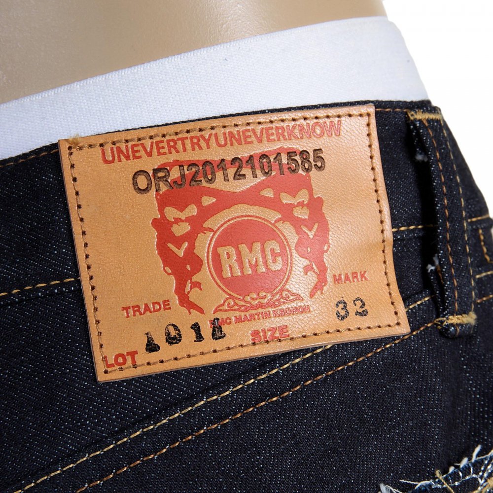 Mens Slimmer Cut Japanese Indigo Raw Selvedge Denim Jeans with No Music No Life Embroidery