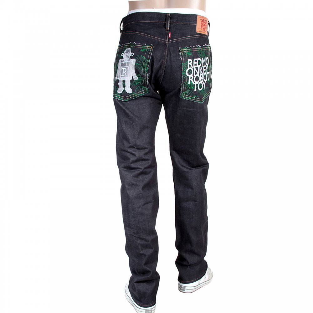 Japanese Indigo Red Line Selvedge Raw Denim Jean for Men with Robot Toy Embroidery