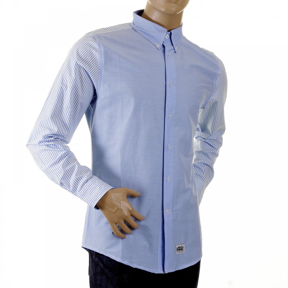 Mens Blue Striped Button Down Collar Long Sleeve Regular Fit Shirt