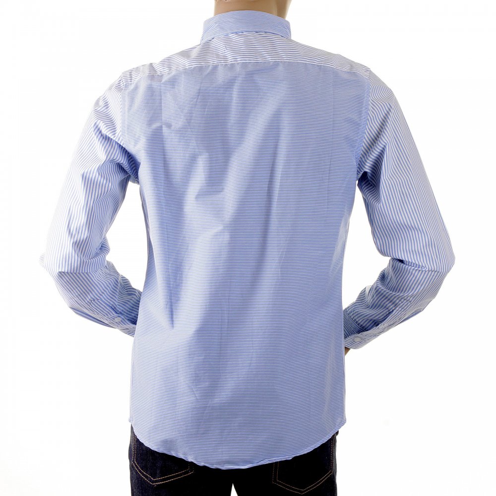 Mens Blue Striped Button Down Collar Long Sleeve Regular Fit Shirt