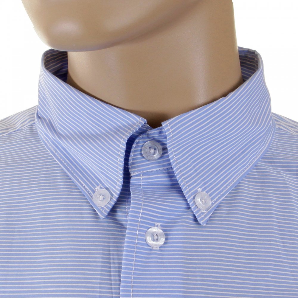 Mens Blue Striped Button Down Collar Long Sleeve Regular Fit Shirt