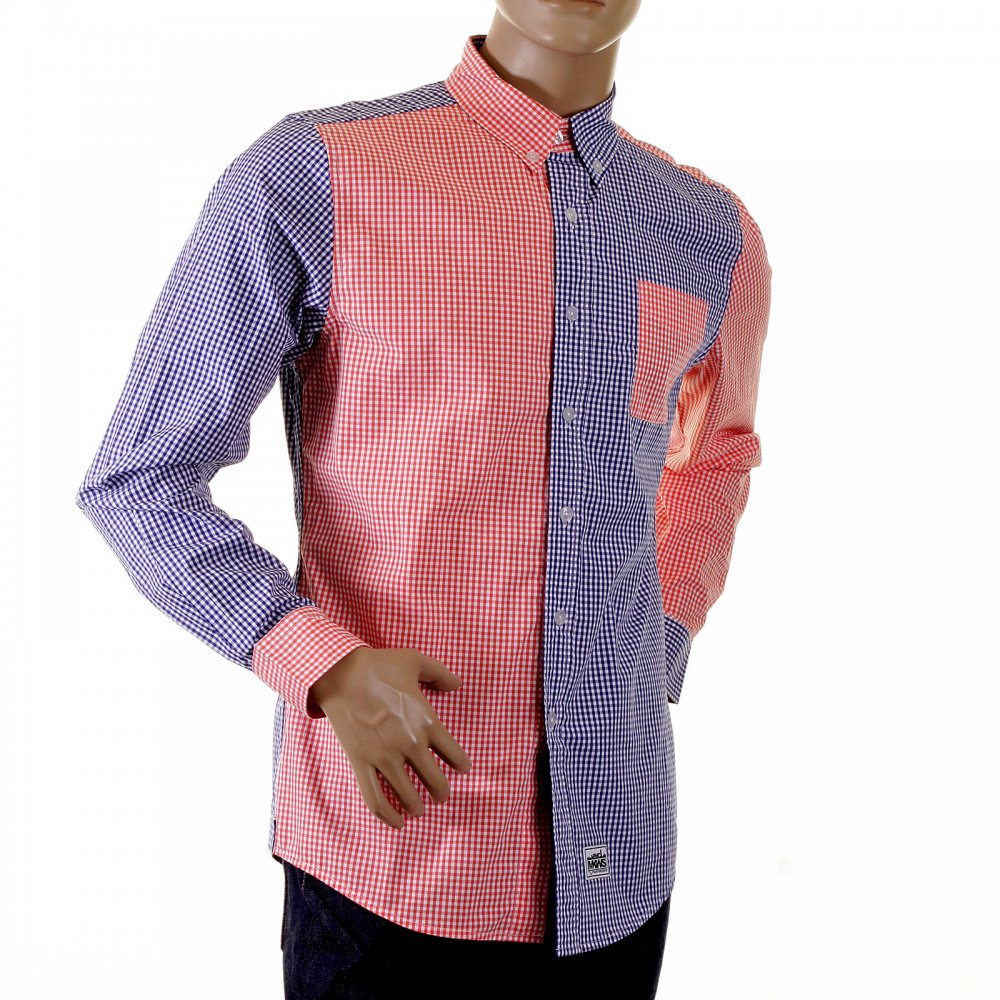 Red and Navy Button down Collar Long Sleeve Regular Fit Shirt