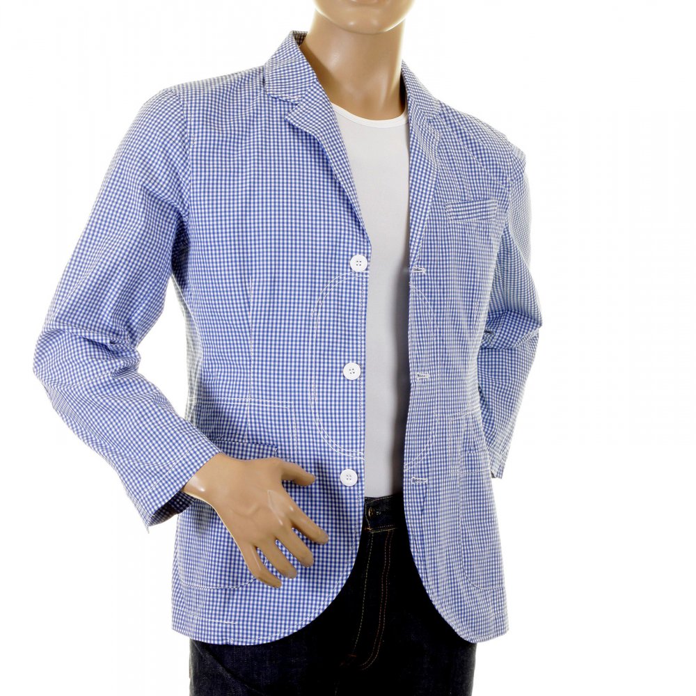 Mens Blue and White Small Check Cotton Lightweight Jacket