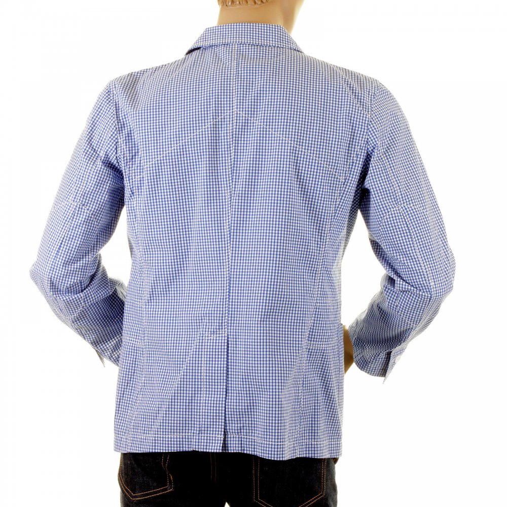 Mens Blue and White Small Check Cotton Lightweight Jacket