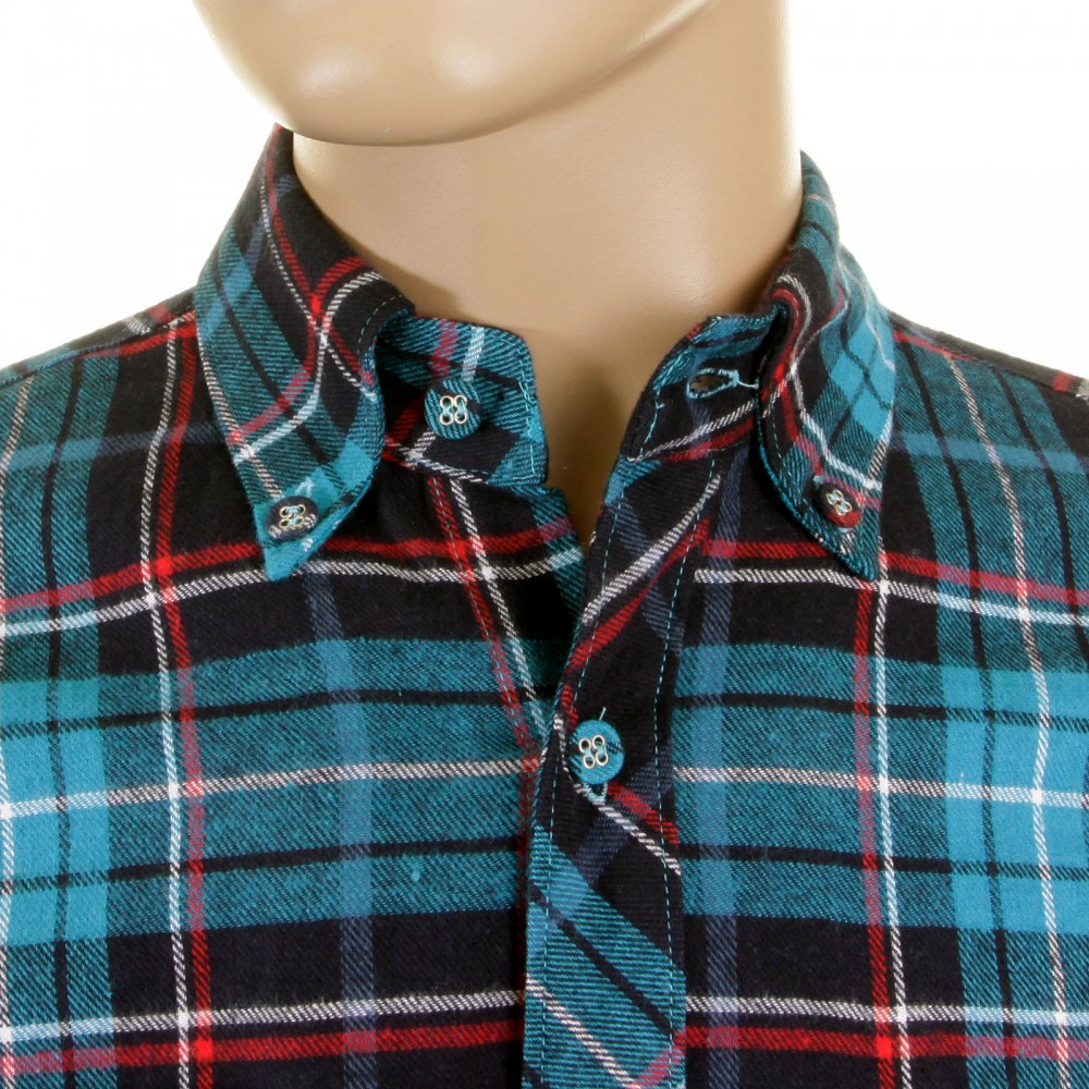 Mens Turquoise Check Button down Collar Long Sleeve Regular Fit Shirt
