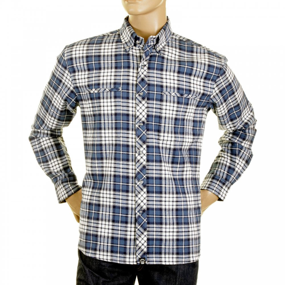 Mens Blue and White Check Button down Collar Long Sleeve Regular Fit Shirt
