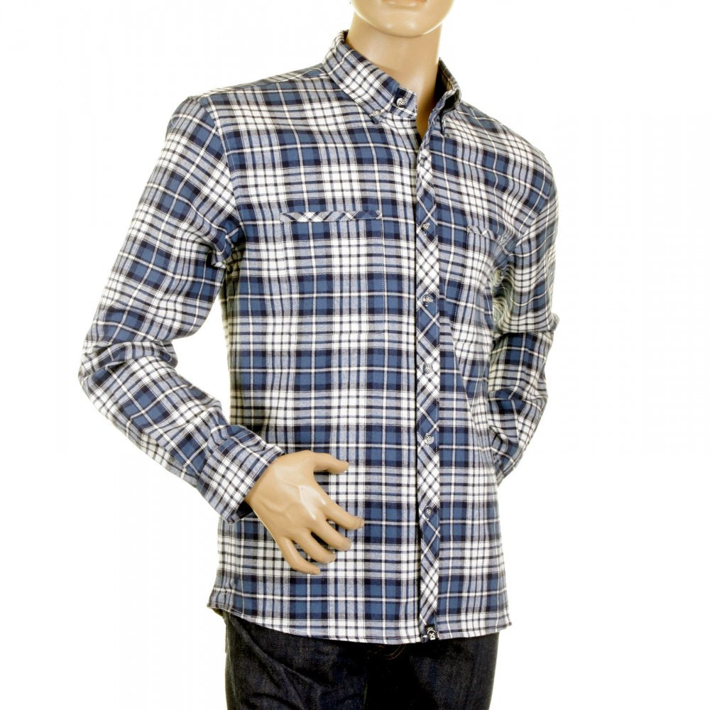 Mens Blue and White Check Button down Collar Long Sleeve Regular Fit Shirt