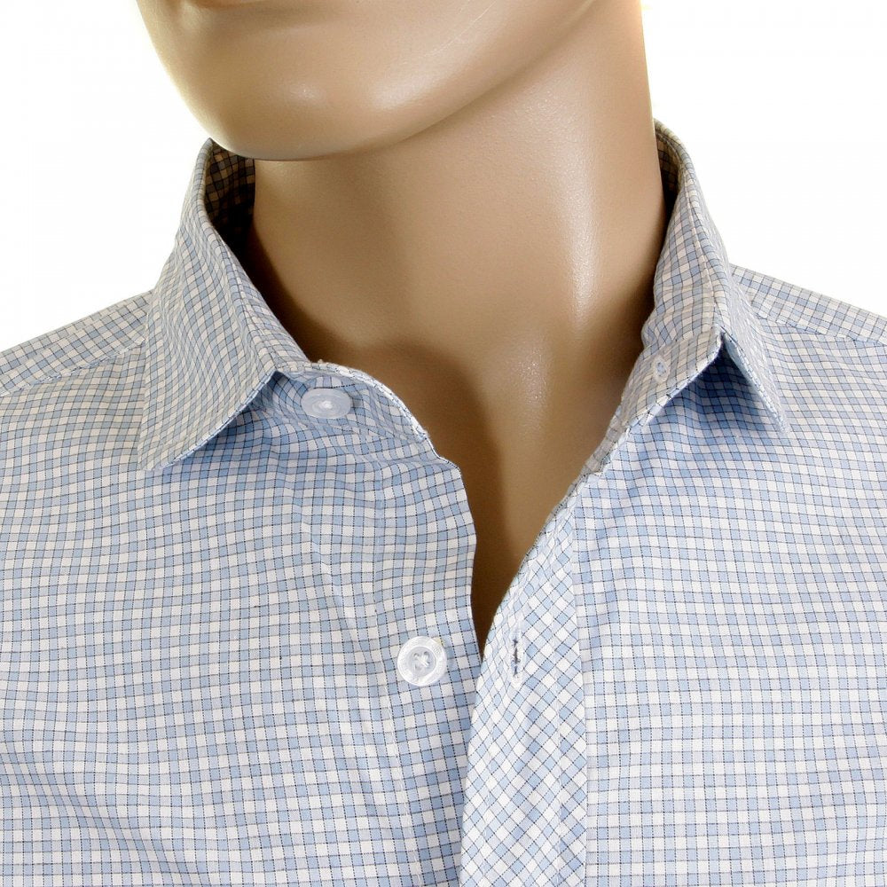 Mens Sky Blue Check Penny Collar Long Sleeve Regular Fit Shirt