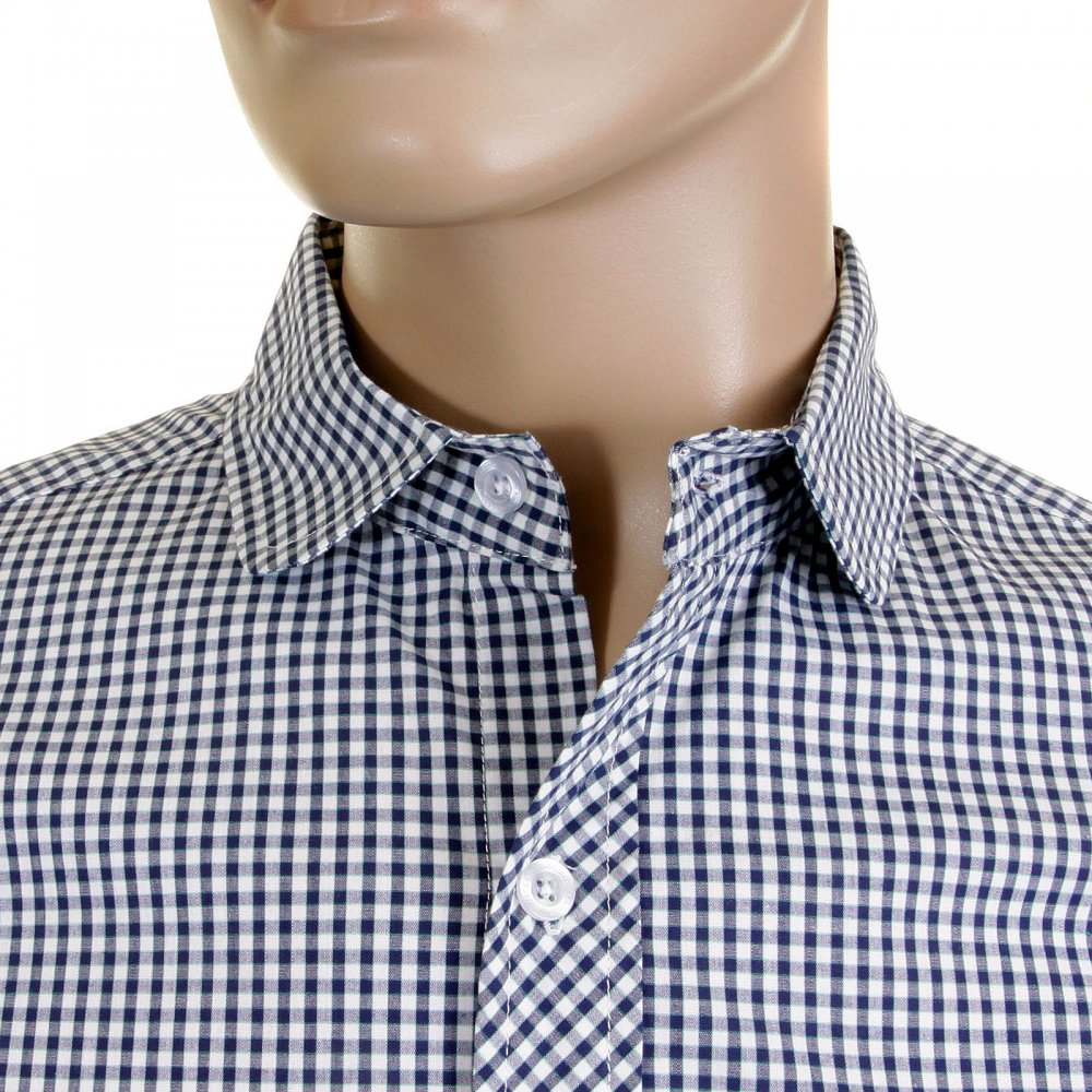 Mens Navy Check Penny Collar Long Sleeve Regular Fit Shirt