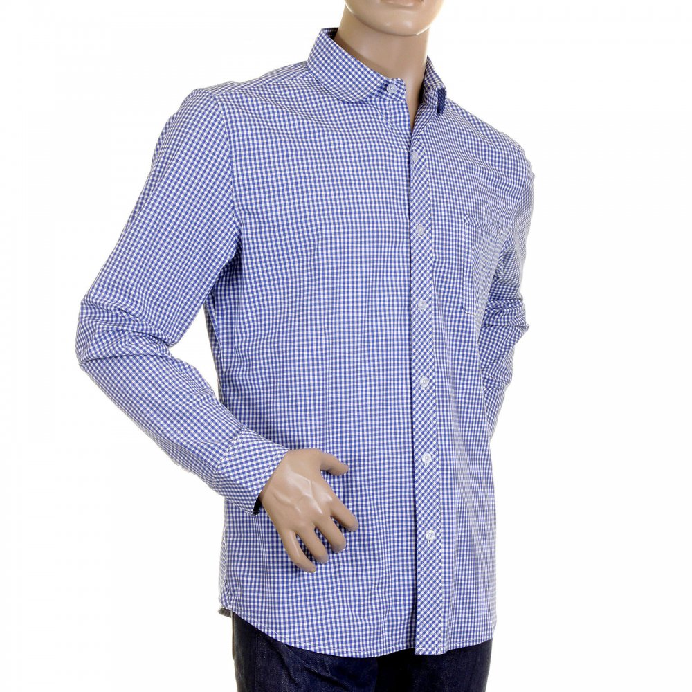 Mens Blue Check Soft Penny Collar Long Sleeve Regular Fit Shirt