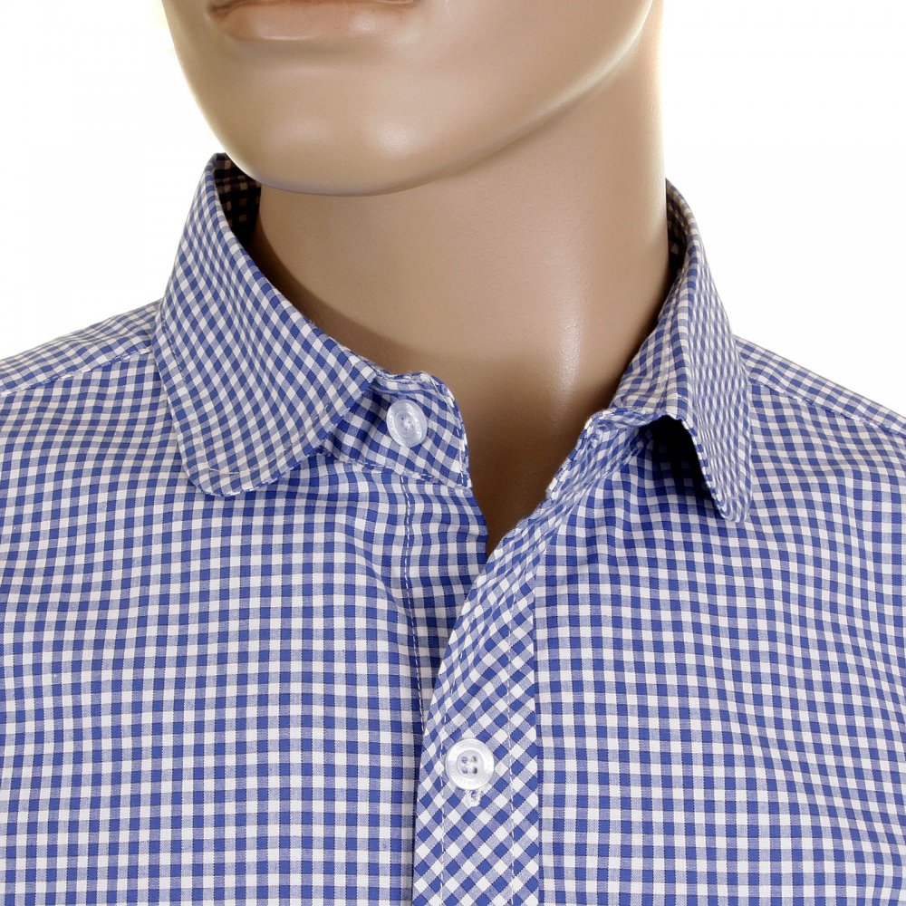 Mens Blue Check Soft Penny Collar Long Sleeve Regular Fit Shirt