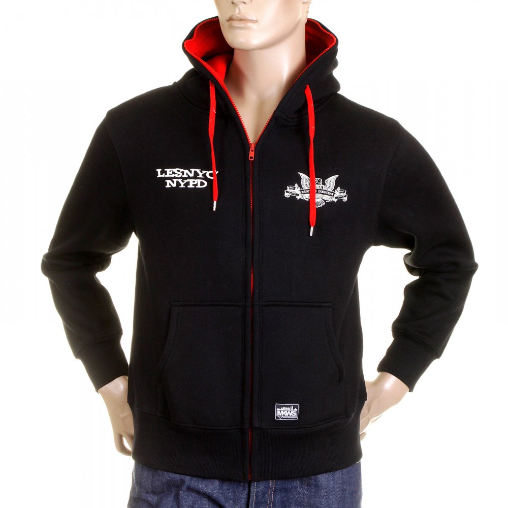 Mens Black Hooded Zipped Regular Fit Sweatshirt with NYPD USA Eagle Print