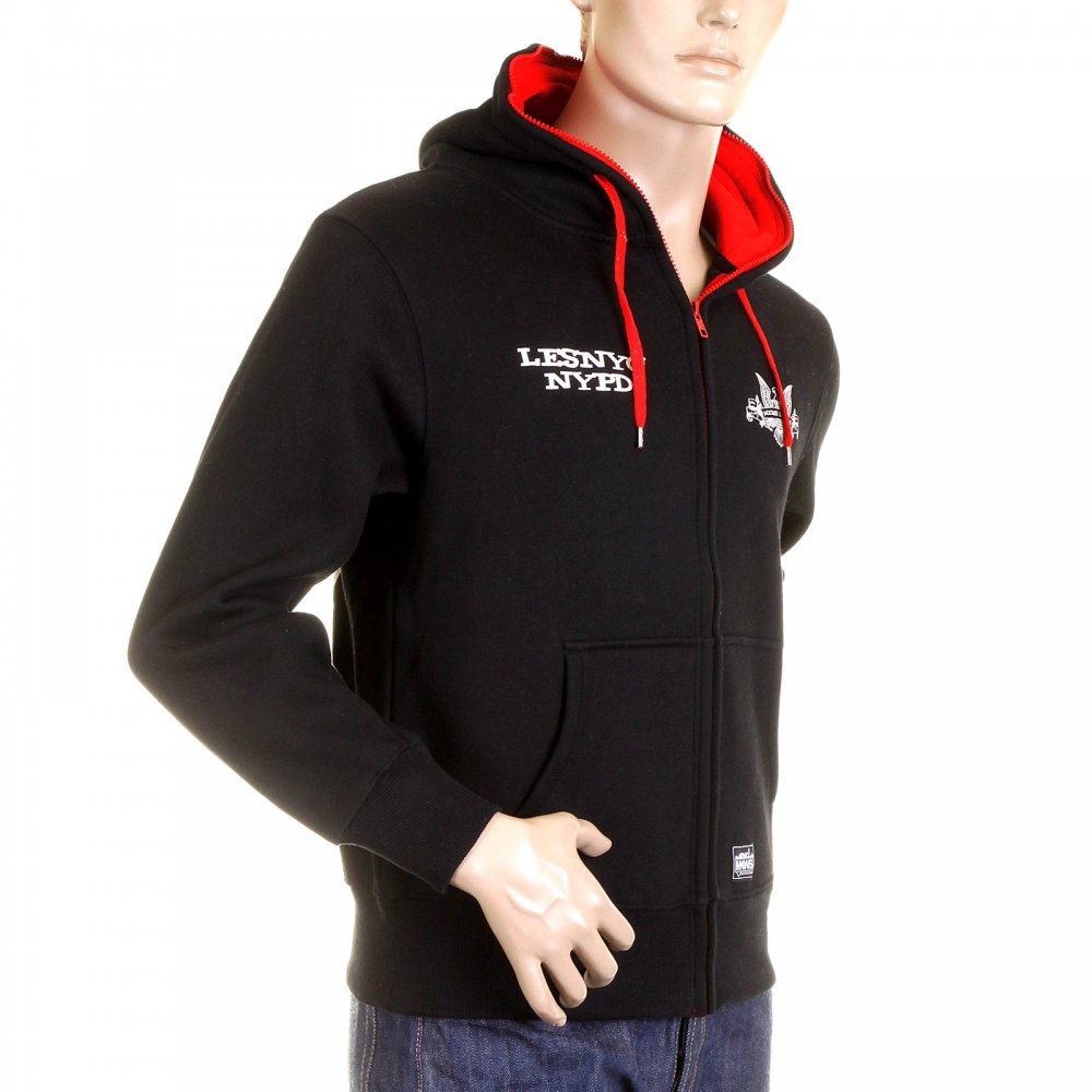 Mens Black Hooded Zipped Regular Fit Sweatshirt with NYPD USA Eagle Print