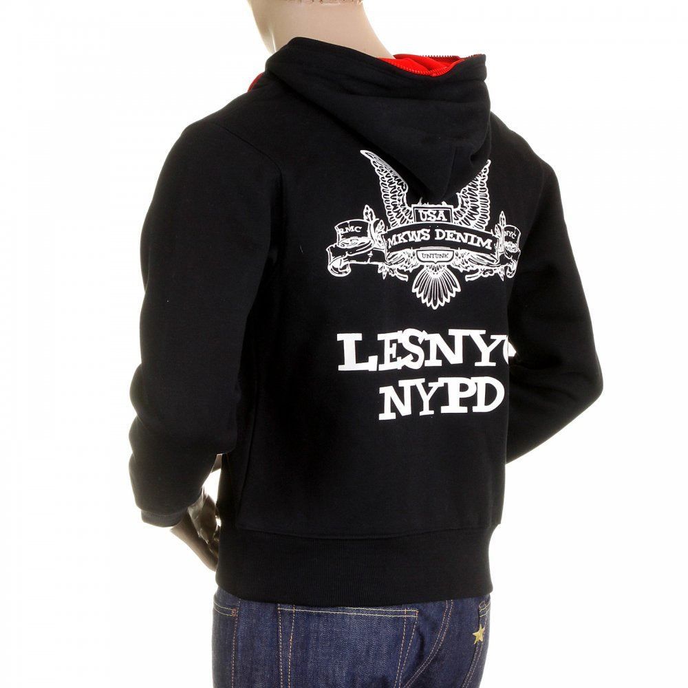 Mens Black Hooded Zipped Regular Fit Sweatshirt with NYPD USA Eagle Print