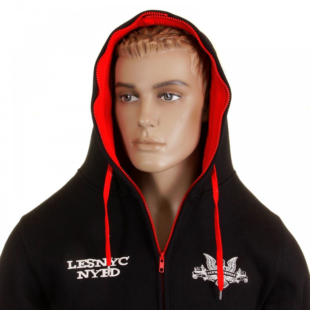 Mens Black Hooded Zipped Regular Fit Sweatshirt with NYPD USA Eagle Print