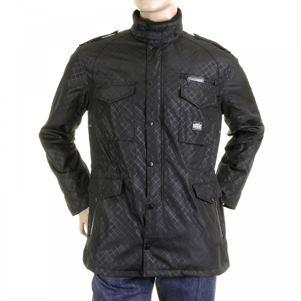 Black Self Patterned Fully Functional Regular Fit Field Jacket for Men