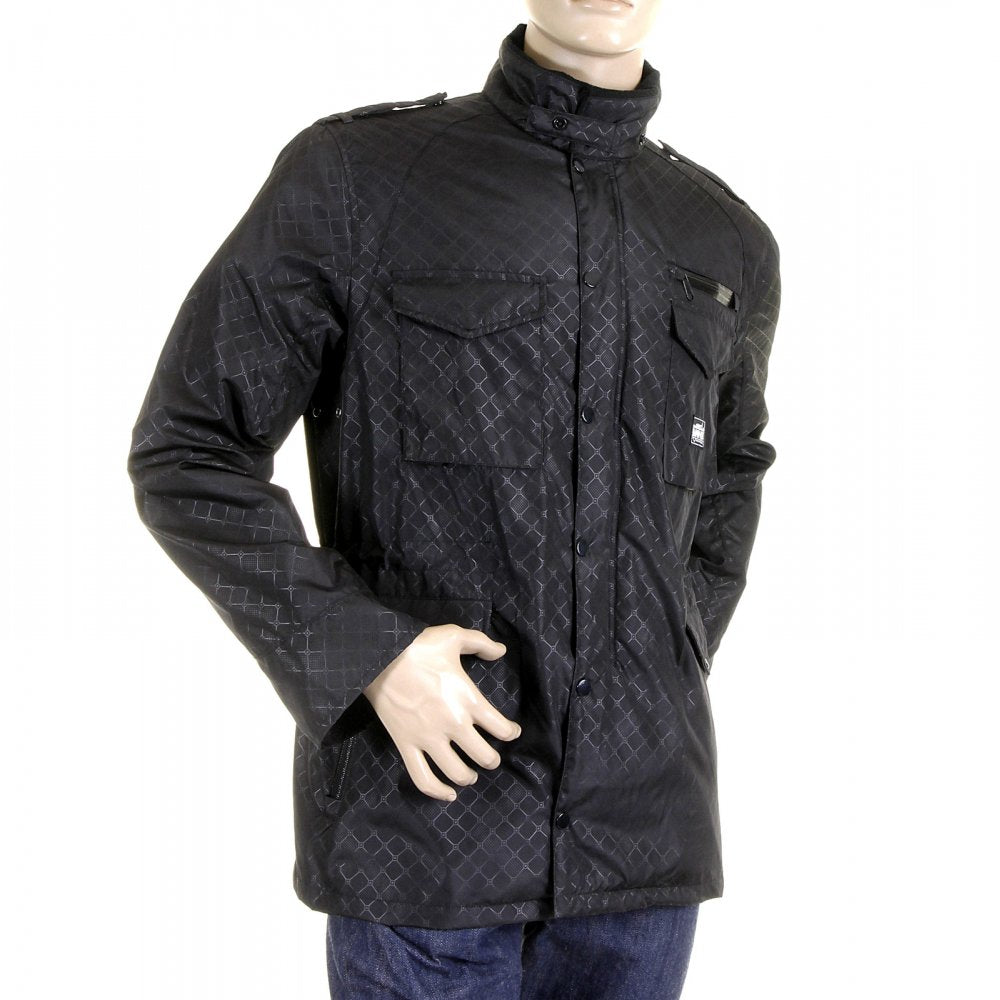 Black Self Patterned Fully Functional Regular Fit Field Jacket for Men