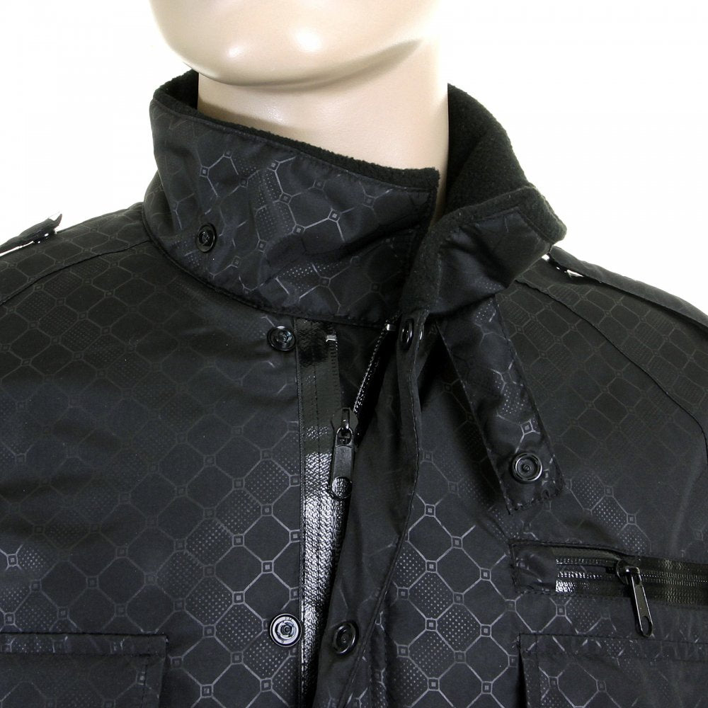 Black Self Patterned Fully Functional Regular Fit Field Jacket for Men