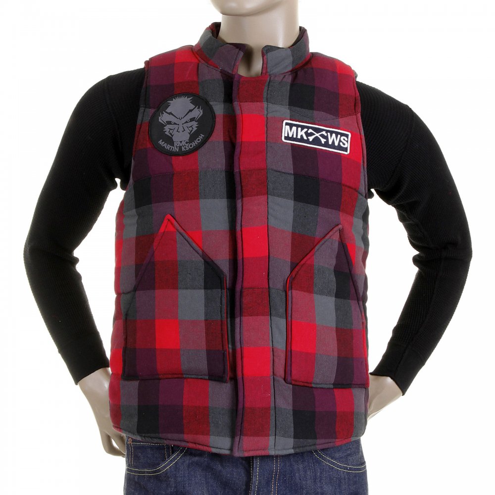 Mens Down Filled Red Check Regular Fit Padded Gilet