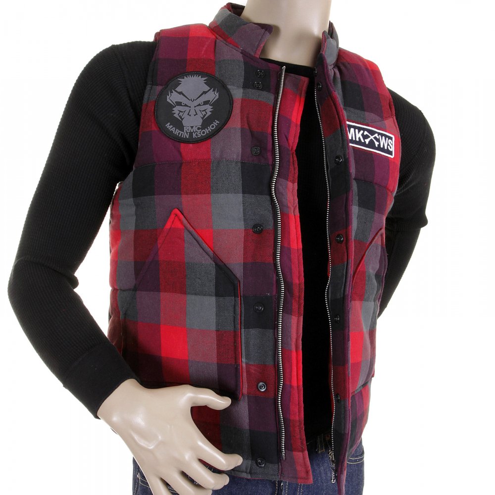 Mens Down Filled Red Check Regular Fit Padded Gilet