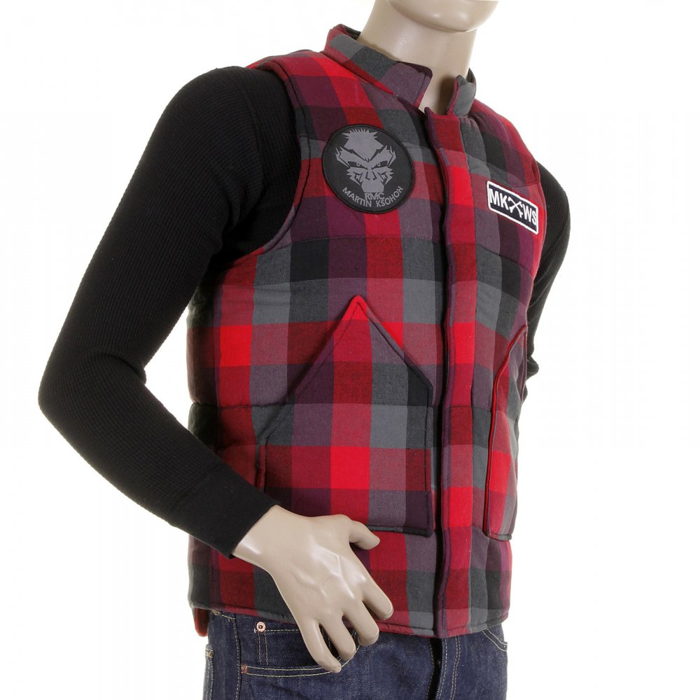 Mens Down Filled Red Check Regular Fit Padded Gilet