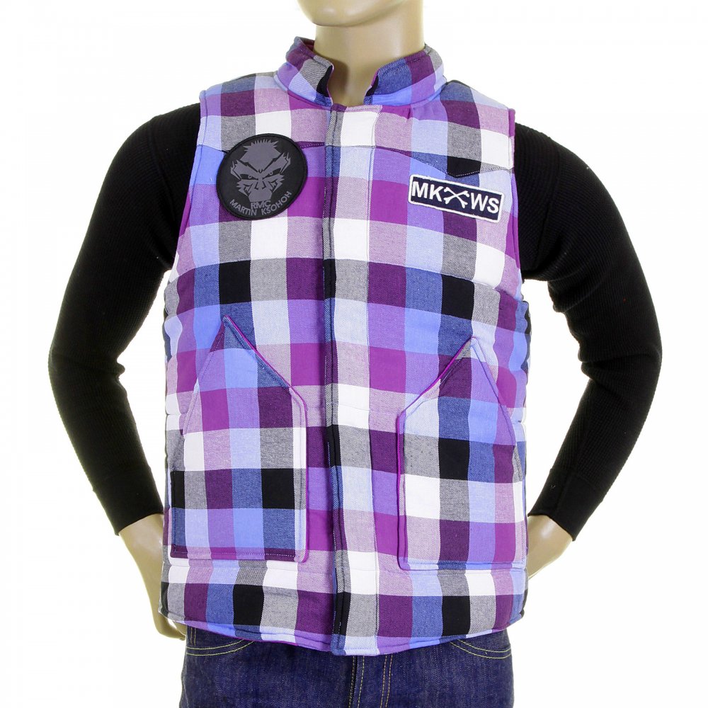 Mens Down Filled Purple and Blue Check Regular Fit Padded Gilet