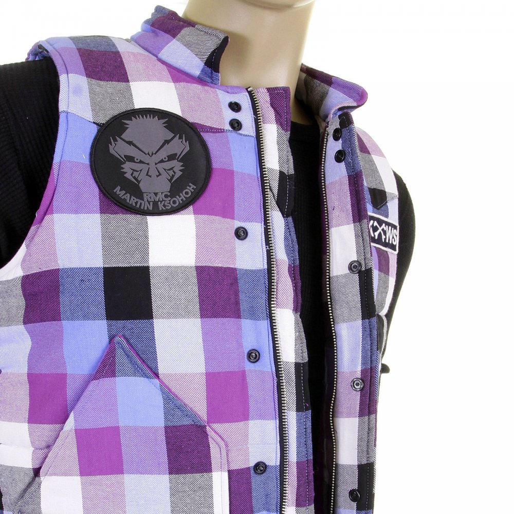 Mens Down Filled Purple and Blue Check Regular Fit Padded Gilet