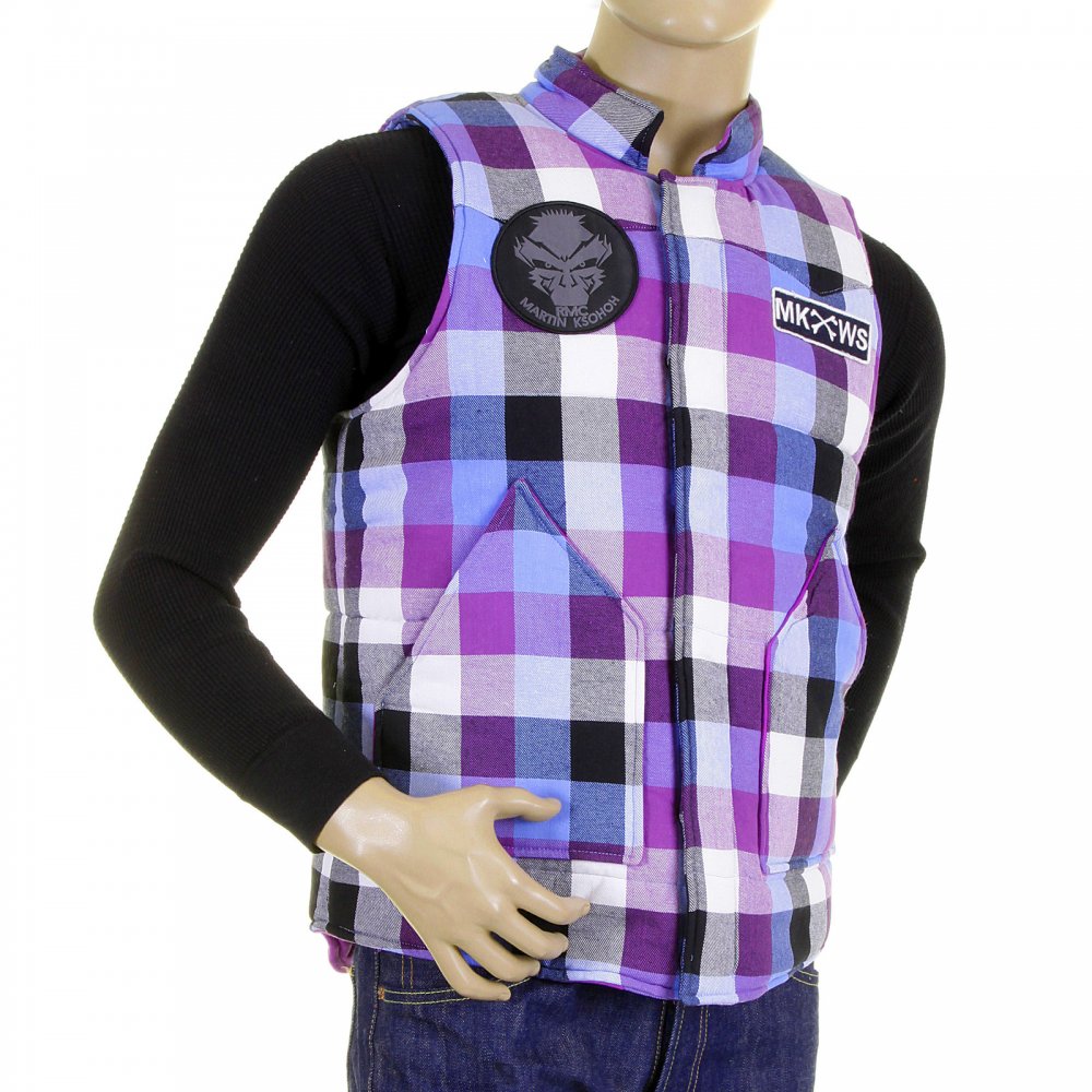 Mens Down Filled Purple and Blue Check Regular Fit Padded Gilet