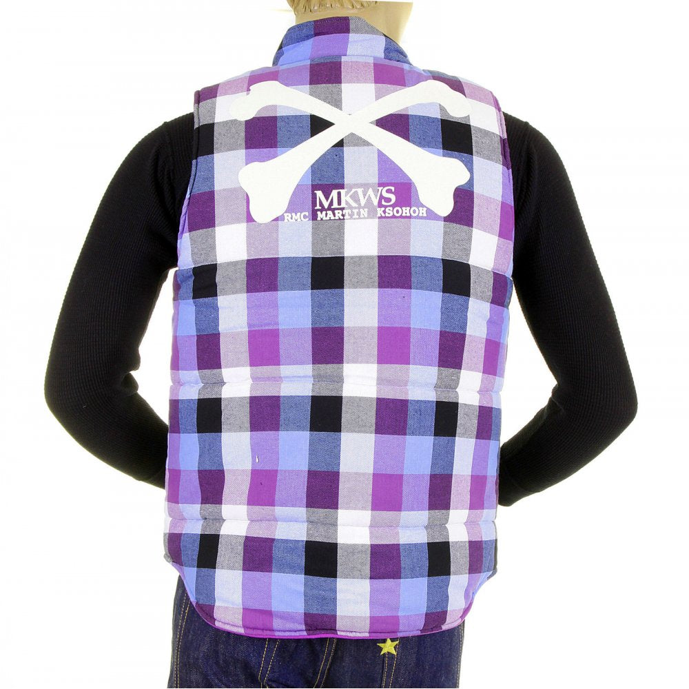 Mens Down Filled Purple and Blue Check Regular Fit Padded Gilet