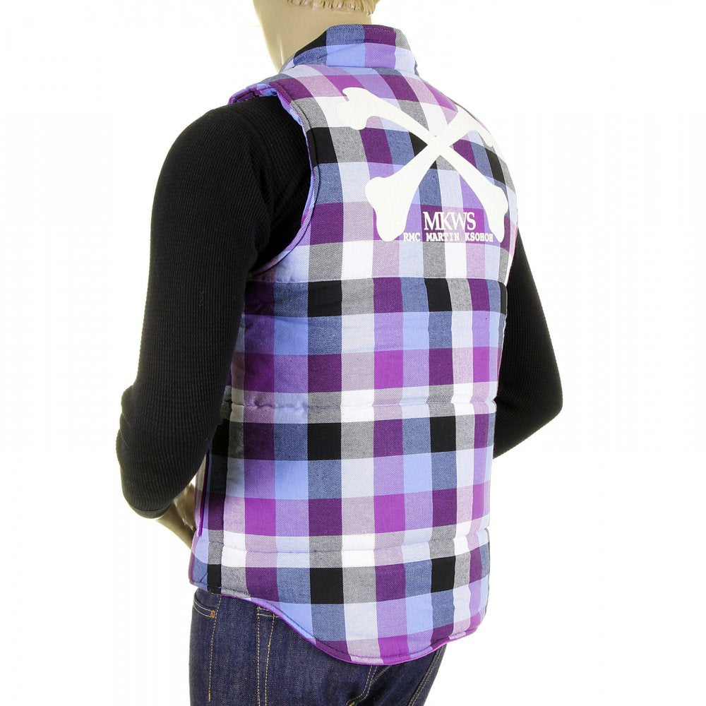 Mens Down Filled Purple and Blue Check Regular Fit Padded Gilet