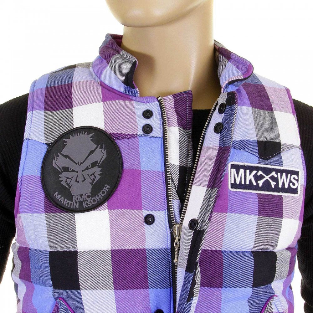 Mens Down Filled Purple and Blue Check Regular Fit Padded Gilet